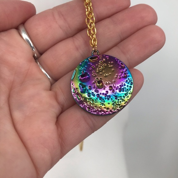 Iridescent Oil Slick Moon Pendent Necklace LONG! - Picture 3 of 6
